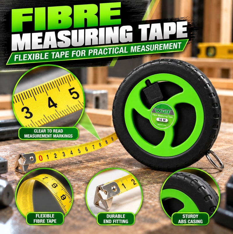WULF Fibreglass Measuring Tape 10m / 33ft, Long Tape Measure with Impact Resistant ABS Case, Clear Inch & CM Markings, Manual Rewind for Construction, Surveying & DIY - Image 4