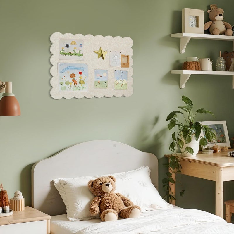 Lightomorrow Scalloped Bulletin Board, 24 x 18 Inches Felt Pin Board - Decorative Cork Alternative for Wall, Foldable Picture Self-Adhesive Vision Prayer Board with 20 Pushpins - Oatmeal - Image 2