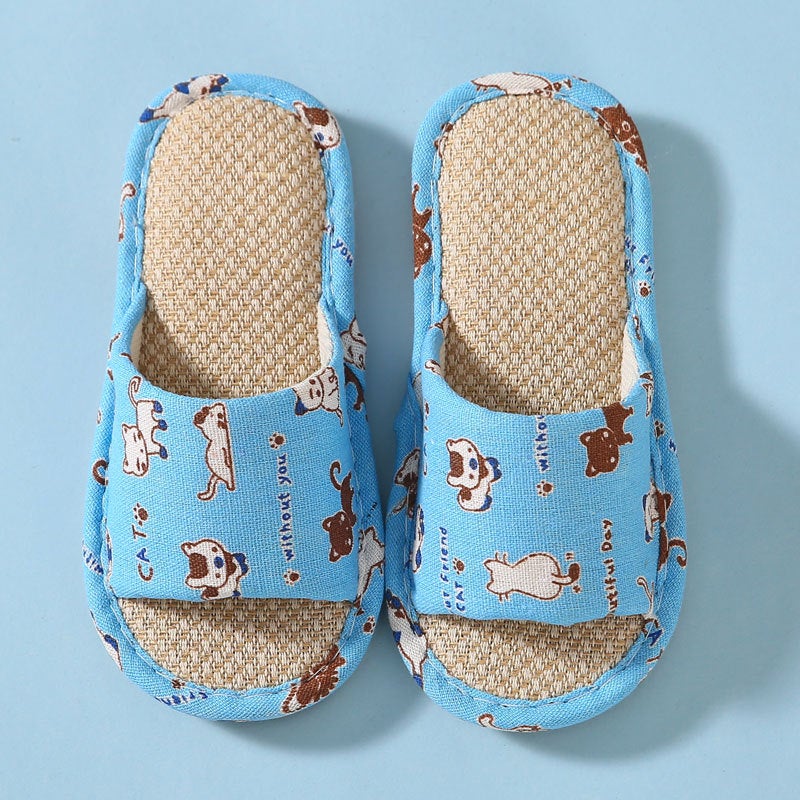 Childrens linen slippers Boys and Girls cute cartoon baby Four Seasons home comfortable sweat-absorbent breathable cotton and linen childrens shoes Naughty Blue Cat