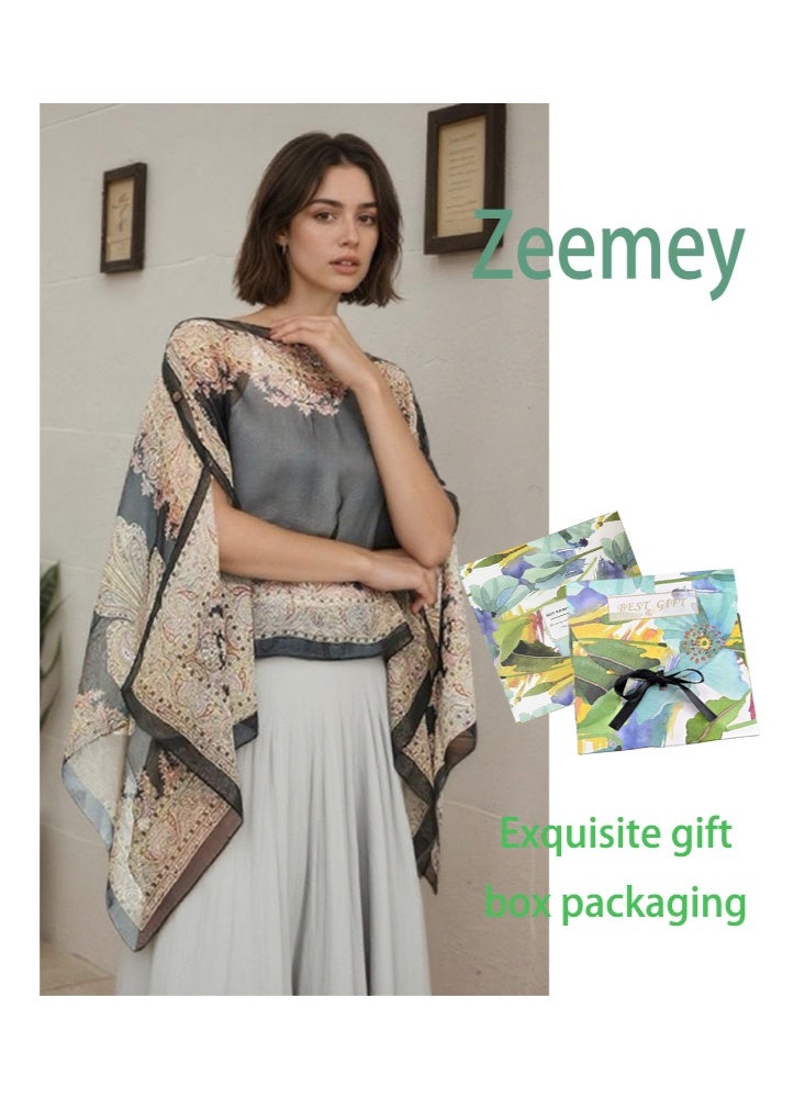 زيمي شال مطبوع عليه نقشة البايسلي باللونين الأسود والبني، مصنوع من قماش شيفون خفيف وجيد التهوية، بتصميم رقبة على شكل حرف V وحاشية غير منتظمة، يجمع بين الحماية من الشمس والأناقة، مساعد جيد للارتداء، 155*100 سم - Image 1