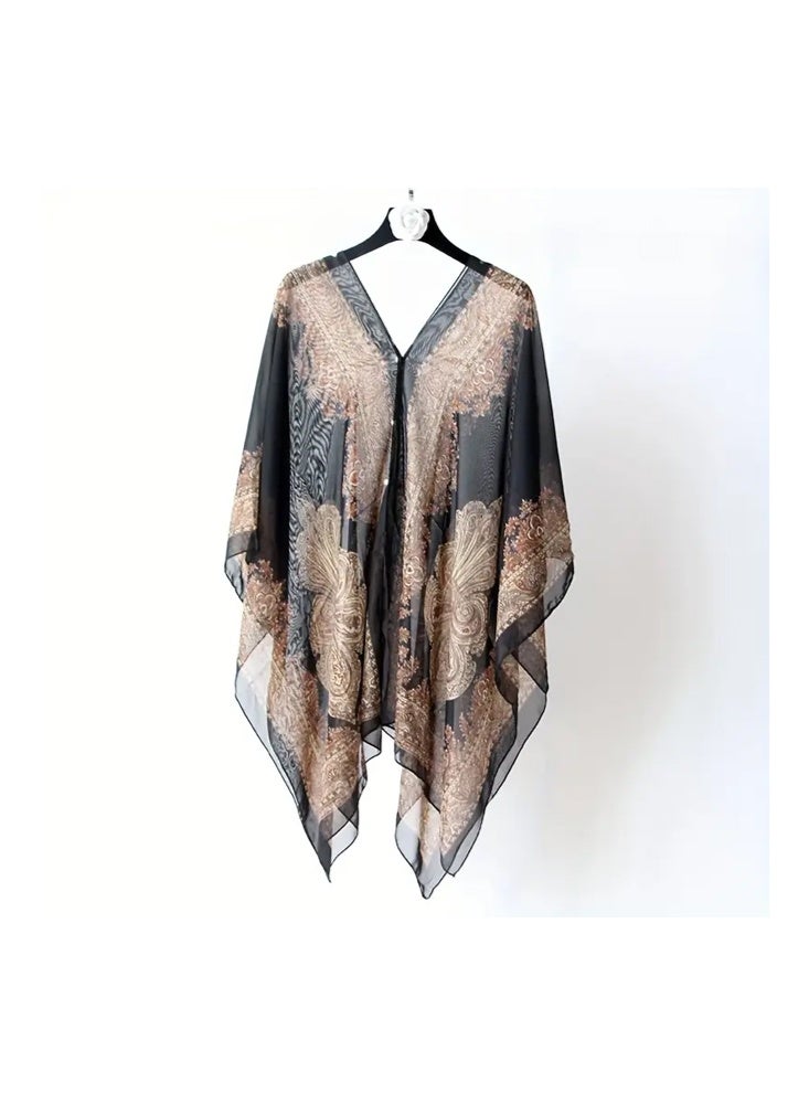 زيمي شال مطبوع عليه نقشة البايسلي باللونين الأسود والبني، مصنوع من قماش شيفون خفيف وجيد التهوية، بتصميم رقبة على شكل حرف V وحاشية غير منتظمة، يجمع بين الحماية من الشمس والأناقة، مساعد جيد للارتداء، 155*100 سم - Image 2