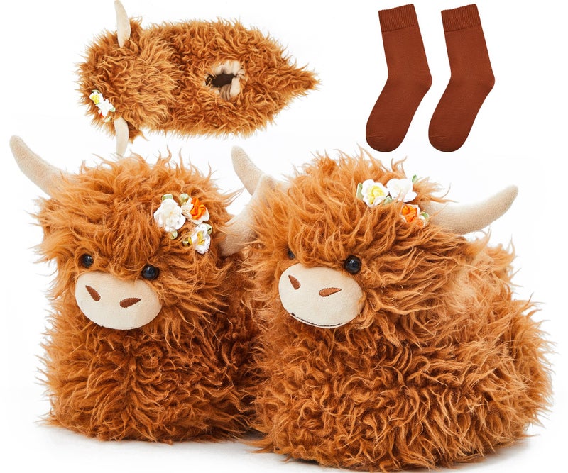 ShinyMatch Highland Cow Slippers Valentine's Day Gift for Women Men Plush Animal Slippers with Cotton Scottish Socks(6-7 Women/4.5-5.5 Men,Highland Cow 1,Brown) - Image 1