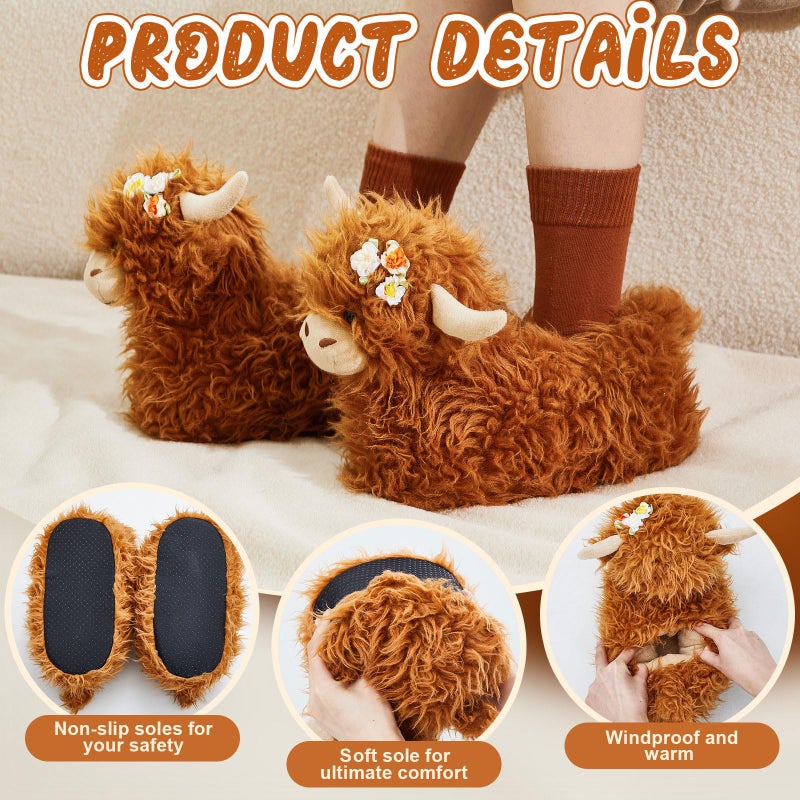 ShinyMatch Highland Cow Slippers Valentine's Day Gift for Women Men Plush Animal Slippers with Cotton Scottish Socks(6-7 Women/4.5-5.5 Men,Highland Cow 1,Brown) - Image 5