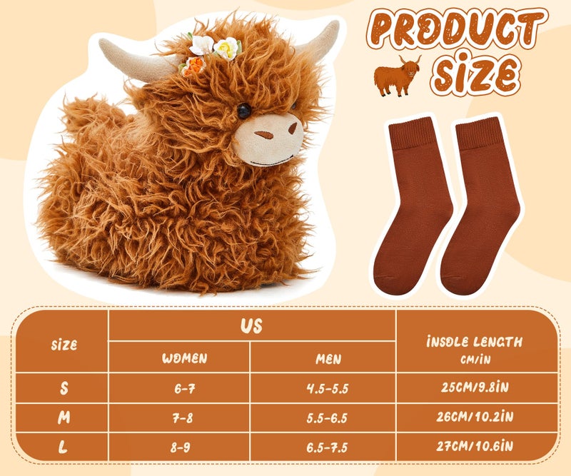 ShinyMatch Highland Cow Slippers Valentine's Day Gift for Women Men Plush Animal Slippers with Cotton Scottish Socks(6-7 Women/4.5-5.5 Men,Highland Cow 1,Brown) - Image 4
