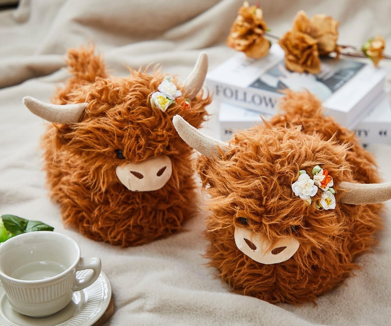 ShinyMatch Highland Cow Slippers Valentine's Day Gift for Women Men Plush Animal Slippers with Cotton Scottish Socks(6-7 Women/4.5-5.5 Men,Highland Cow 1,Brown) - Image 3