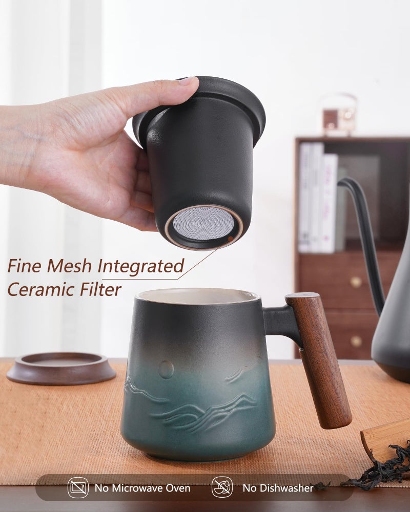 ZENS Embossed Ceramic Tea Mug with Infuser and Lid, 14.5 oz Wooden Handle, Loose Leaf Tea Steeper Cup & Strainer for Tea Lovers Gifts - Image 4