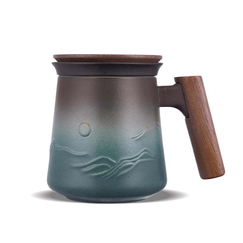 ZENS Embossed Ceramic Tea Mug with Infuser and Lid, 14.5 oz Wooden Handle, Loose Leaf Tea Steeper Cup & Strainer for Tea Lovers Gifts - Image 1