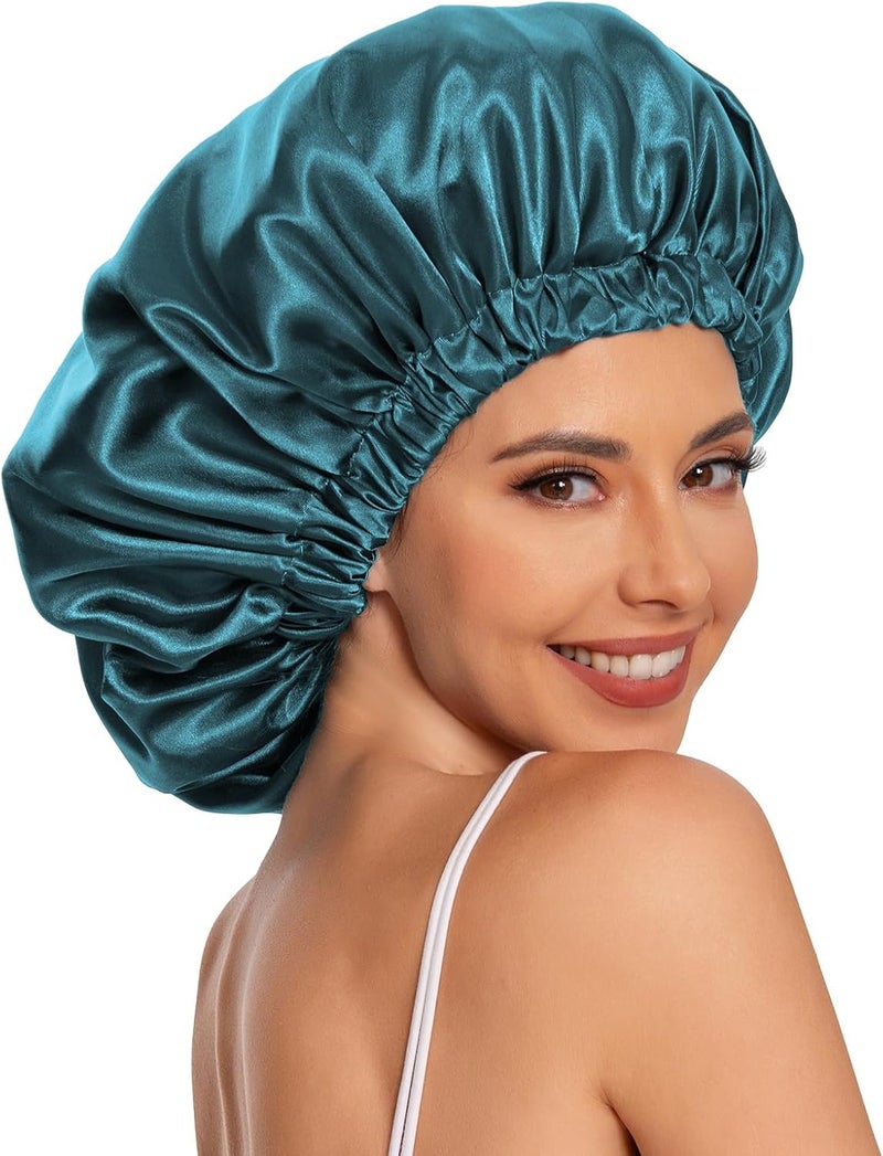 Edoneery Satin Bonnet Silk Bonnet Hair Bonnet for Sleeping-Slouchy Beanie Hat Satin Sleep Cap for Women's Natural & Curly Hair(Blue Zircon&Blackish Green) - Image 4