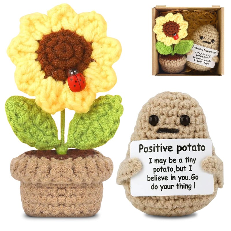 Bukela 2 Pcs Positive Potato & Sunflower Pot Crochet Dolls, Funny Gifts for Women, Cute Home or Office Decorations - Image 1