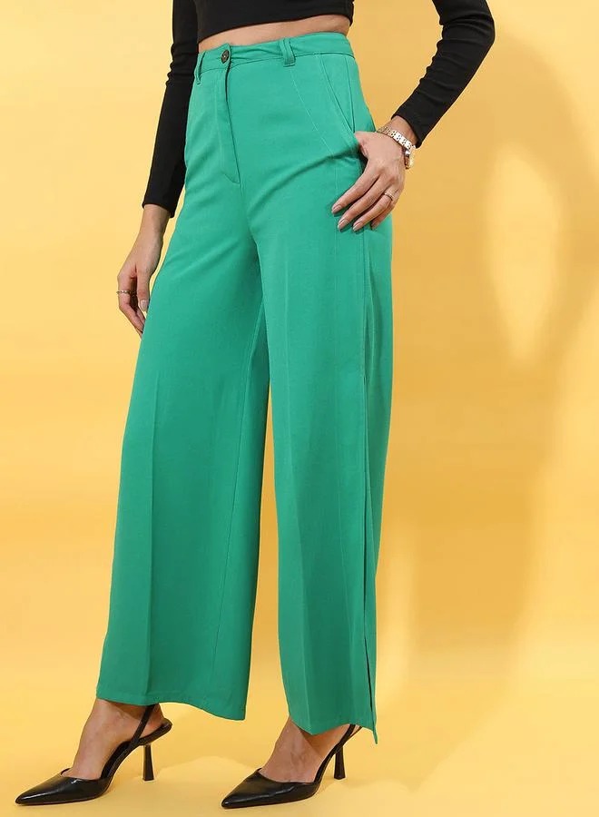 Tokyo Talkies High Rise Bootcut Trousers With Side Slit by Styli