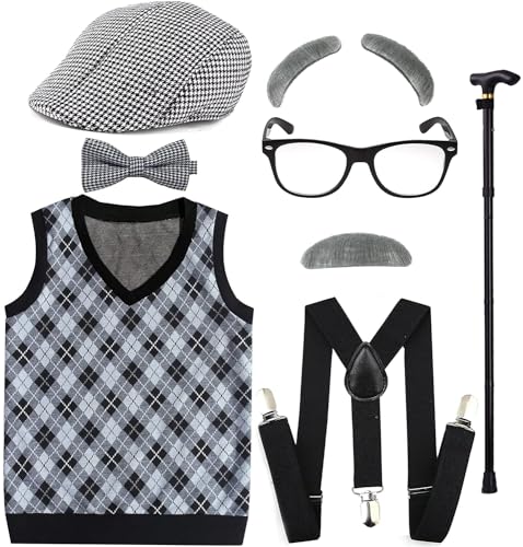EFORLED Kids 100 Days of School Costume for Boys - Halloween Old Man Costume Hat, Glasses and Grandpa Vest Set for Child,LightGrey1-6 - Image 1