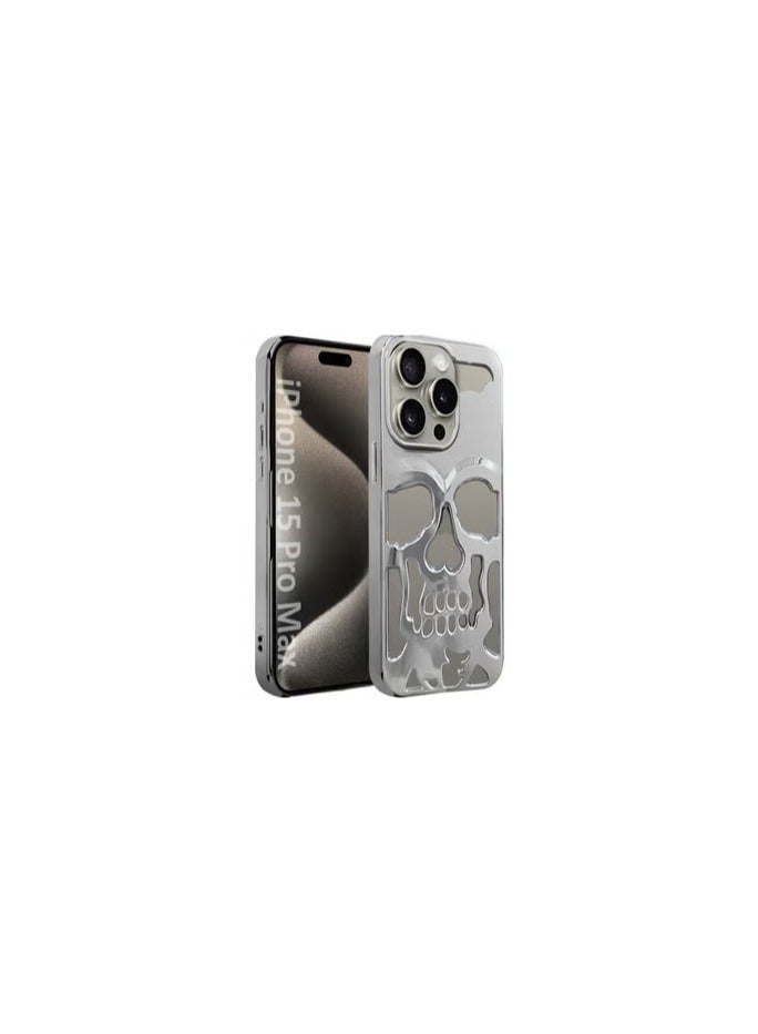 CATANES iPhone 15 Pro Max Case Cover Soft TPU and Glossy with Skull Design - Silver - Image 1