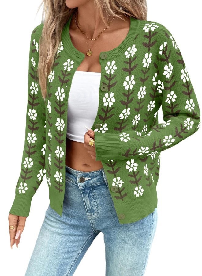 Sidefeel Women's Open Front Cardigan Sweaters Long Sleeve Button Down Floral Sweater, Green, S - Image 1