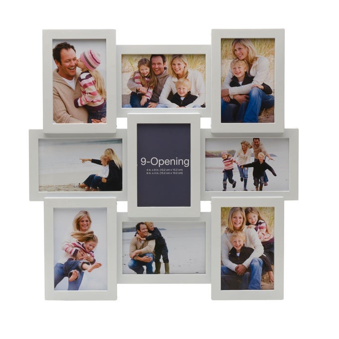 18 X 18 INCH 9 OPENING PHOTO COLLAGE FRAME DISPLAYS FOUR 4X6 AND FIVE 6X4 INCH PHOTOS WHITE