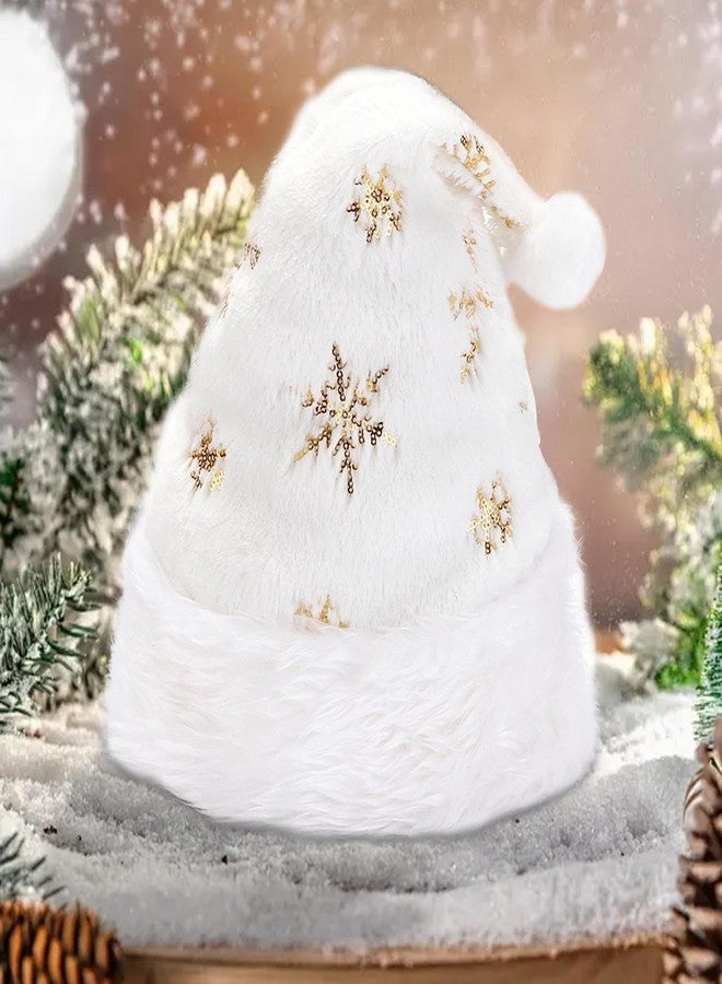 PartyToko 1 Pcs Santa Hat, Christmas Hats for Kids and Adult with Snowflake Comfort Luxury Plush White Hat. with Gold Printed Snowflake - 1pc gold - Image 4