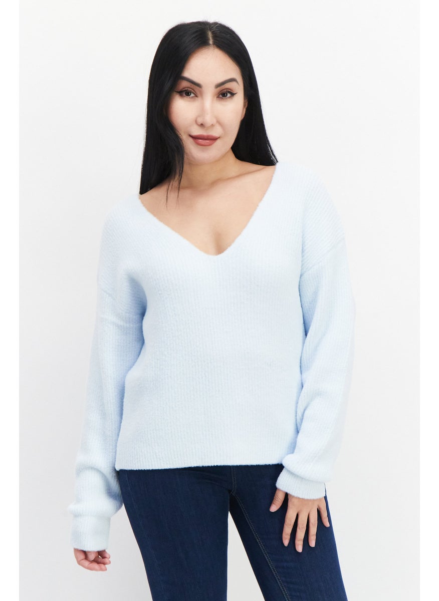 Gentle Fawn - Women V Neck Long Sleeves Textured Sweater, Sky Blue - Image 1
