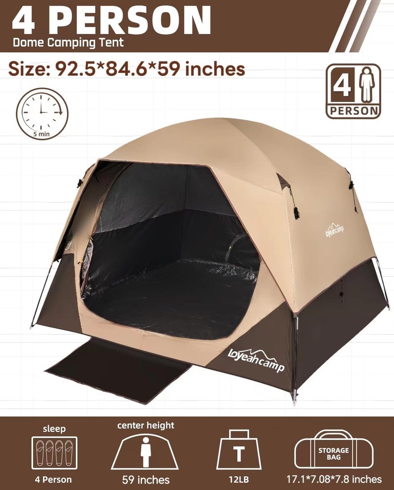 LOYEAHCAMP 4 Person Blackout Camping Tent, Easy Setup Waterproof Family Dome Tent for Camping with Rainfly, Portable Double Layer Large Family Tent for Outdoor Camping&Hiking - Image 2