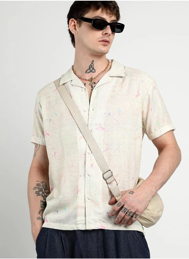 Campus Sutra Men's Off-White Heathered Drawn Shirt