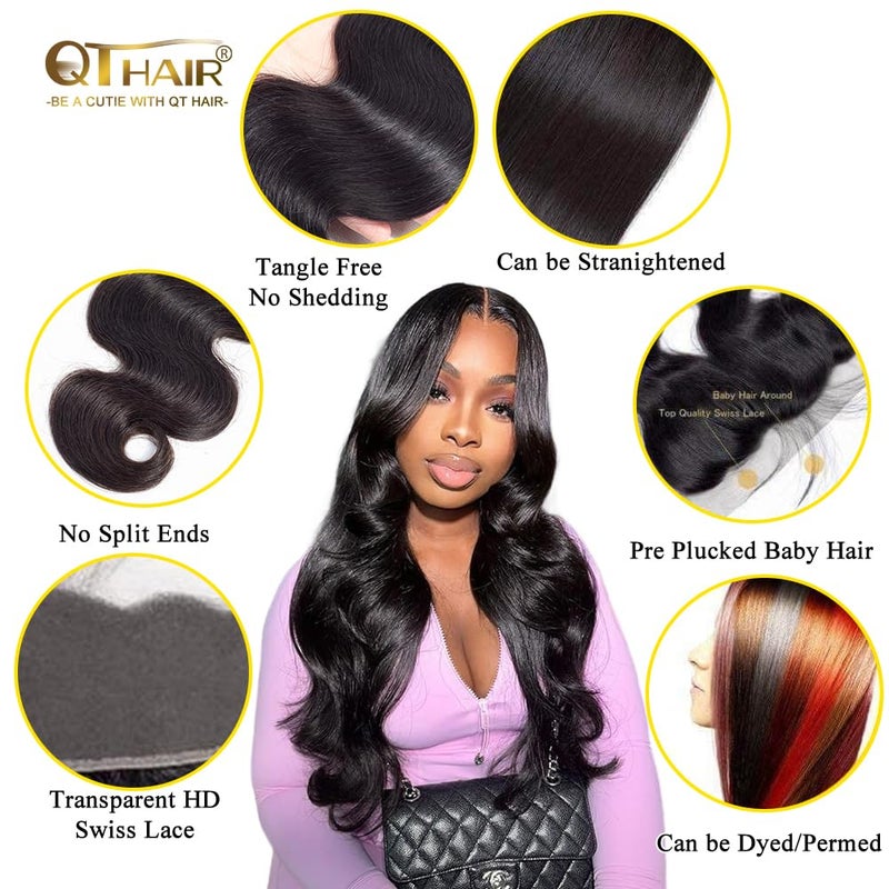 QTHAIR Free Part Ear To Ear 13x4" Full Frontal Lace Closure 10inch Brazilian Body Wave Bleached Knots 100% Unprocessed Brazilian Virgin Best Remy Real Human Hair Front Closures Natural Black - Image 2