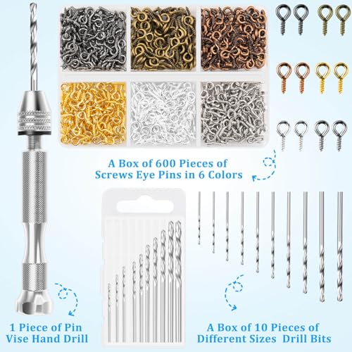 Shynek Pin Vise Hand Drill Set Manual Hand Drill with 600PCS Small Screw Eye Hooks and 10 Different Sizes Drill Bits for Keychain Jewelry Making and Crafts - Image 3