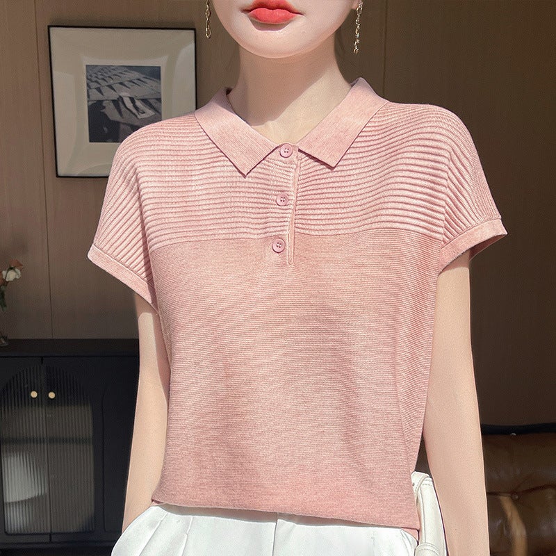 Polo Collar Wool Knitted Short-Sleeved Comfortable Casual Daily Style T-Shirt Spring And Arrival Lop Half-Sleeved Women'S Trendy - Image 3