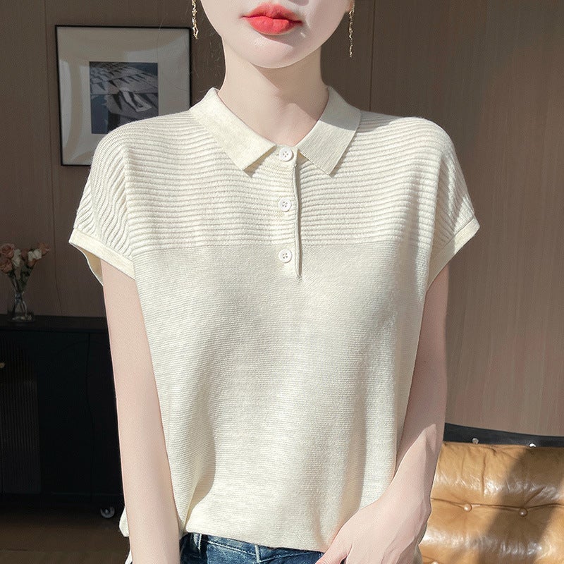 Polo Collar Wool Knitted Short-Sleeved Comfortable Casual Daily Style T-Shirt Spring And Arrival Lop Half-Sleeved Women'S Trendy - Image 2