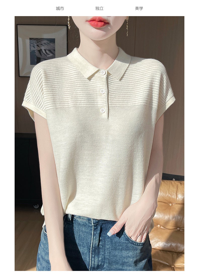 Polo Collar Wool Knitted Short-Sleeved Comfortable Casual Daily Style T-Shirt Spring And Arrival Lop Half-Sleeved Women'S Trendy - Image 1