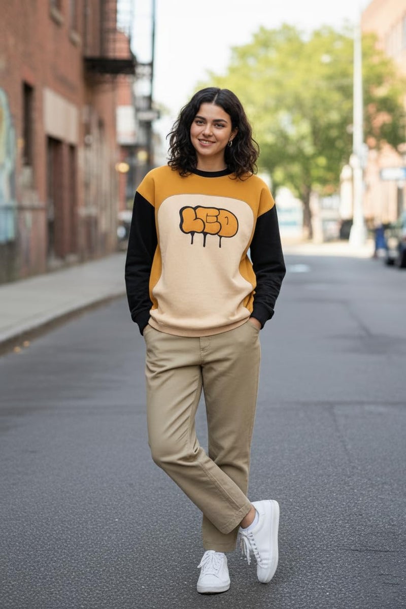 LEOTUDE Womens Full Sleeve Oversized Round Neck Cottonblend Colourblocked T-Shirts Top for Woman (SP-GWDDBT8AY8R1PAF9_Mustard_S) - Image 3