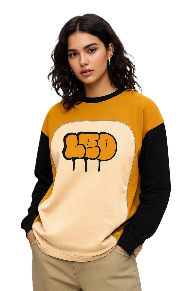 LEOTUDE Womens Full Sleeve Oversized Round Neck Cottonblend Colourblocked T-Shirts Top for Woman (SP-GWDDBT8AY8R1PAF9_Mustard_S) - Image 1
