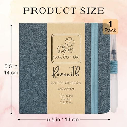 Remowith Watercolor Journal Sketchbook, 5.5" x 5.5" Sketch Books Artist Cotton Watercolor Paper Notebook, Linen Cover with Tap Water Pen, 24 Sheets 140 LB, 300 GSM for Travel Sketching On The Go Art - Image 2