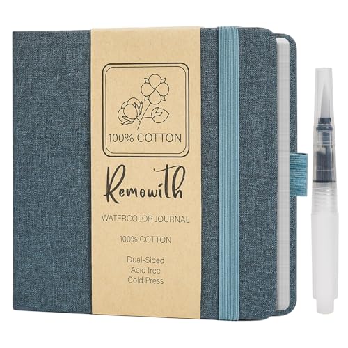 Remowith Watercolor Journal Sketchbook, 5.5" x 5.5" Sketch Books Artist Cotton Watercolor Paper Notebook, Linen Cover with Tap Water Pen, 24 Sheets 140 LB, 300 GSM for Travel Sketching On The Go Art - Image 1