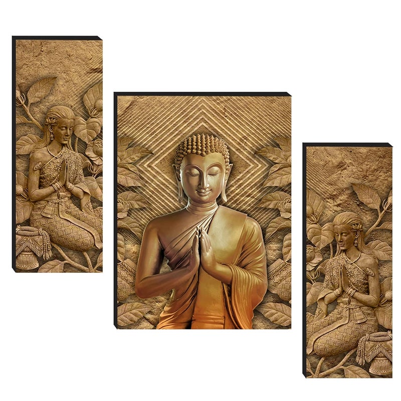 Masstone UV Laminated Gold Color Buddha Wall Art Multicolor Floral 12 x 18 Inch Digital Reprint Set of 3
