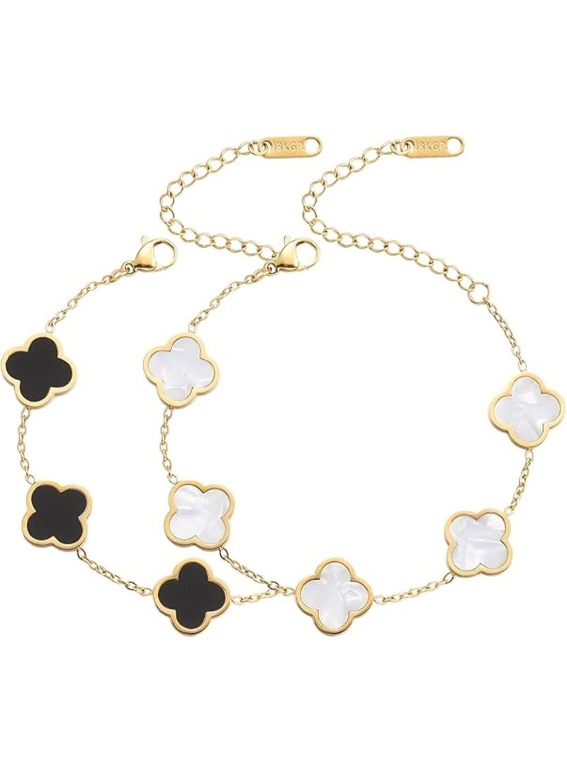 (عبوة من قطعتين) سوار سلسلة البرسيم المطلي بلون الذهب عيار 18 قيراطًا للنساء والفتيات، سلاسل ربط أنيقة قابلة للتعديل من 5 زهورأنه سوار لطيف بتصميم فاخر على شكل أربع أوراق، سوار محظوظ، هدية مجوهرات لها - Image 1