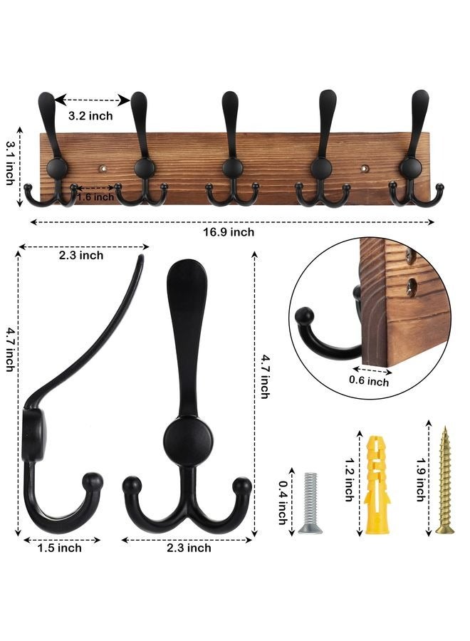 HOMESTAR Coat Rack Wall Mount Wooden Hat Rack for Wall Hooks Pine Real Wood Plank 16.9" Brown Coat Hanger with 5 Triple Hooks for Hanging Coat Hat Jacket - Image 2