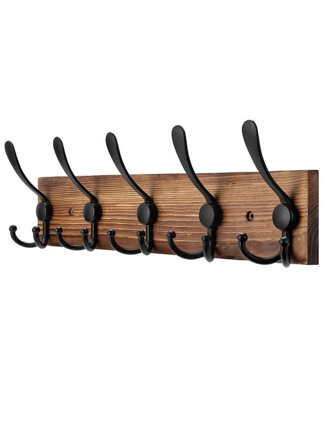 HOMESTAR Coat Rack Wall Mount Wooden Hat Rack for Wall Hooks Pine Real Wood Plank 16.9" Brown Coat Hanger with 5 Triple Hooks for Hanging Coat Hat Jacket - Image 1