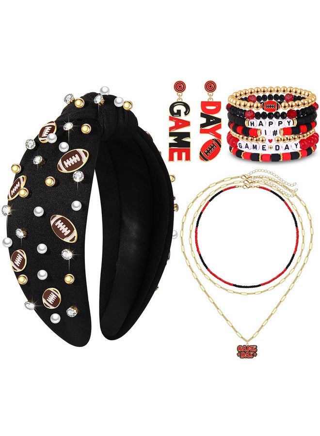 مولوك عصابة رأس يوم المباراة للنساء عصابة رأس كرة قدم مرصعة باللؤلؤ والكريستال معقودة، إكسسوارات شعر رياضية ليوم المباراة، زينة حفلات كرة القدم، عصابة رأس سوداء - Image 1