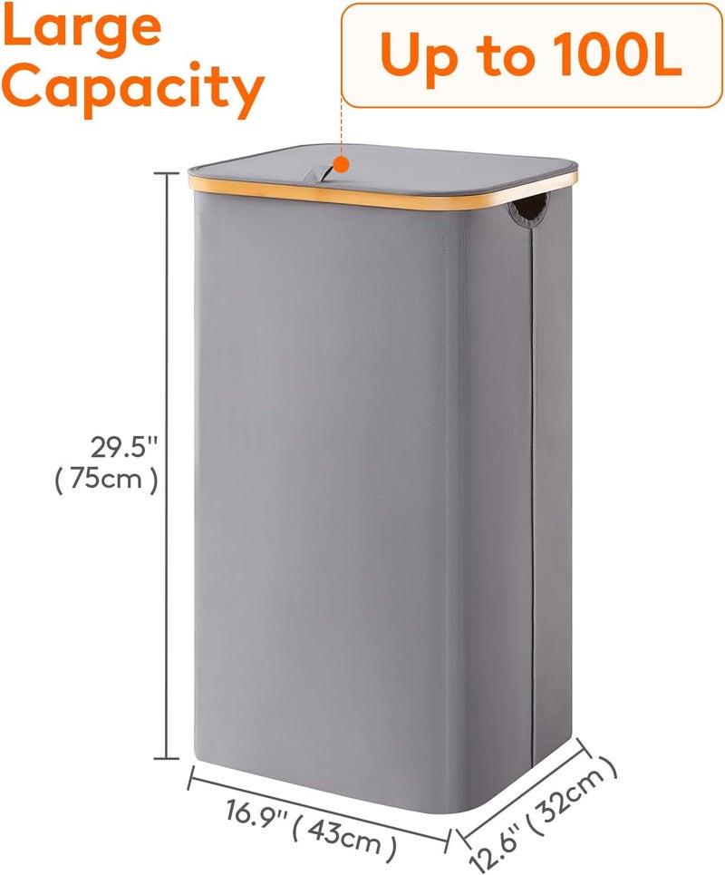 Lifewit Collapsible Laundry Basket with Lid, Laundry Hamper with Bamboo Handles and Removable Laundry Bag, Clothes Washing Basket Storage for Bathroom, Bedroom, Dorm, 100L, Gray - Image 4
