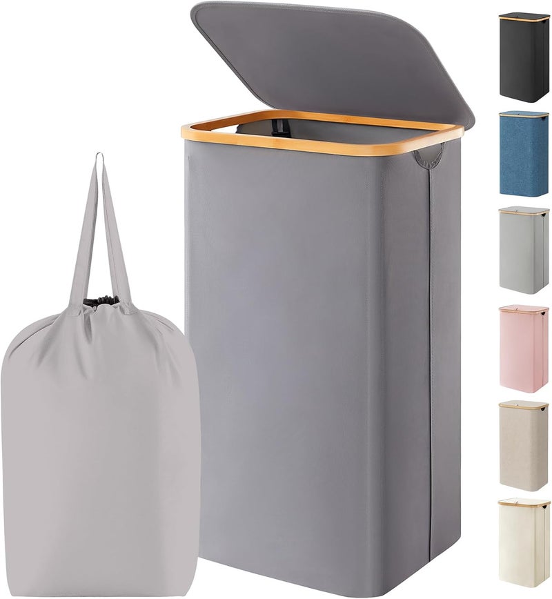 Lifewit Collapsible Laundry Basket with Lid, Laundry Hamper with Bamboo Handles and Removable Laundry Bag, Clothes Washing Basket Storage for Bathroom, Bedroom, Dorm, 100L, Gray - Image 1