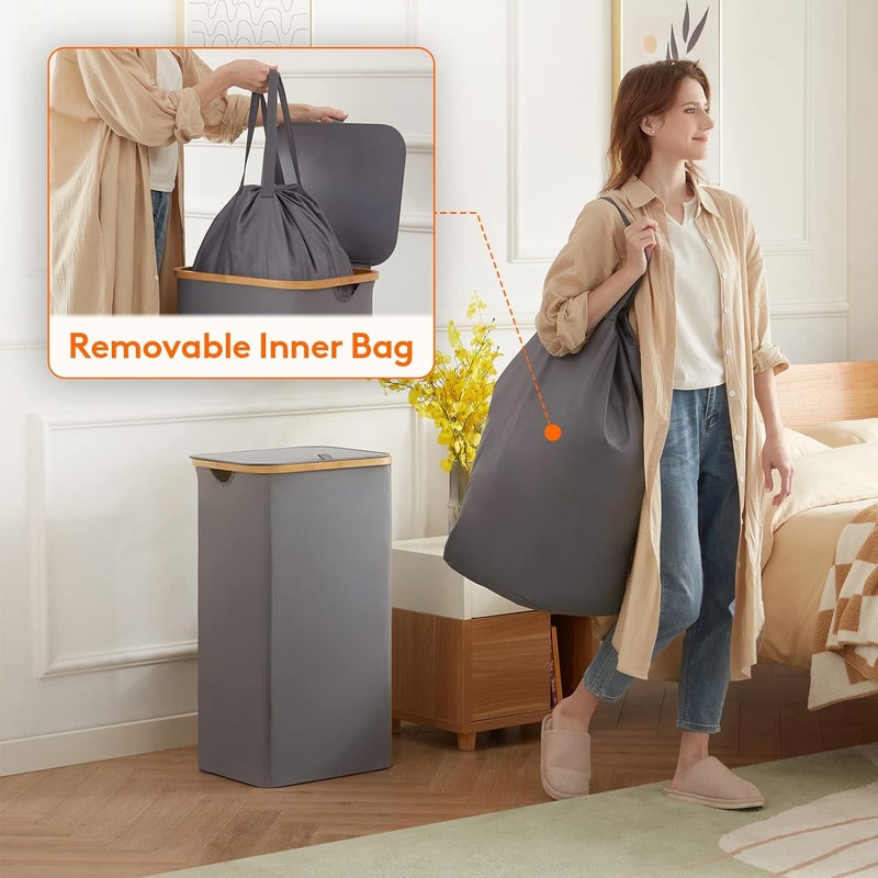 Lifewit Collapsible Laundry Basket with Lid, Laundry Hamper with Bamboo Handles and Removable Laundry Bag, Clothes Washing Basket Storage for Bathroom, Bedroom, Dorm, 100L, Gray - Image 3