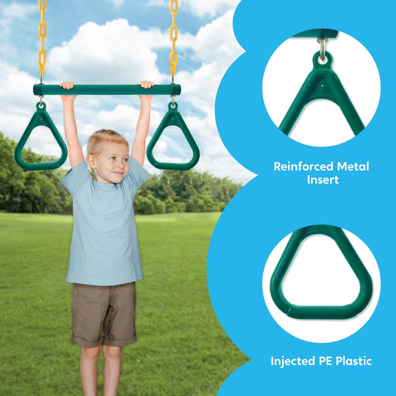 TURFEE 3 Pack Assorted Swing Set, Including 1 Gym Rings Trapeze Bar and 2 Pcs Swings with Plastic Coated Chain, Swingset Accessories Replacement for Kids Outdoor Play, Playground- Green - Image 5