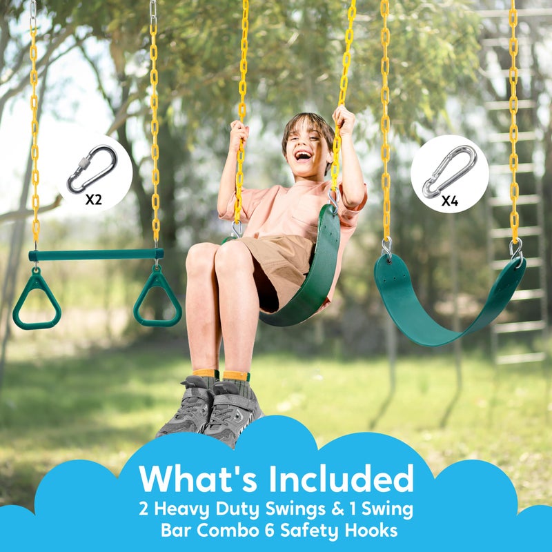 TURFEE 3 Pack Assorted Swing Set, Including 1 Gym Rings Trapeze Bar and 2 Pcs Swings with Plastic Coated Chain, Swingset Accessories Replacement for Kids Outdoor Play, Playground- Green - Image 2