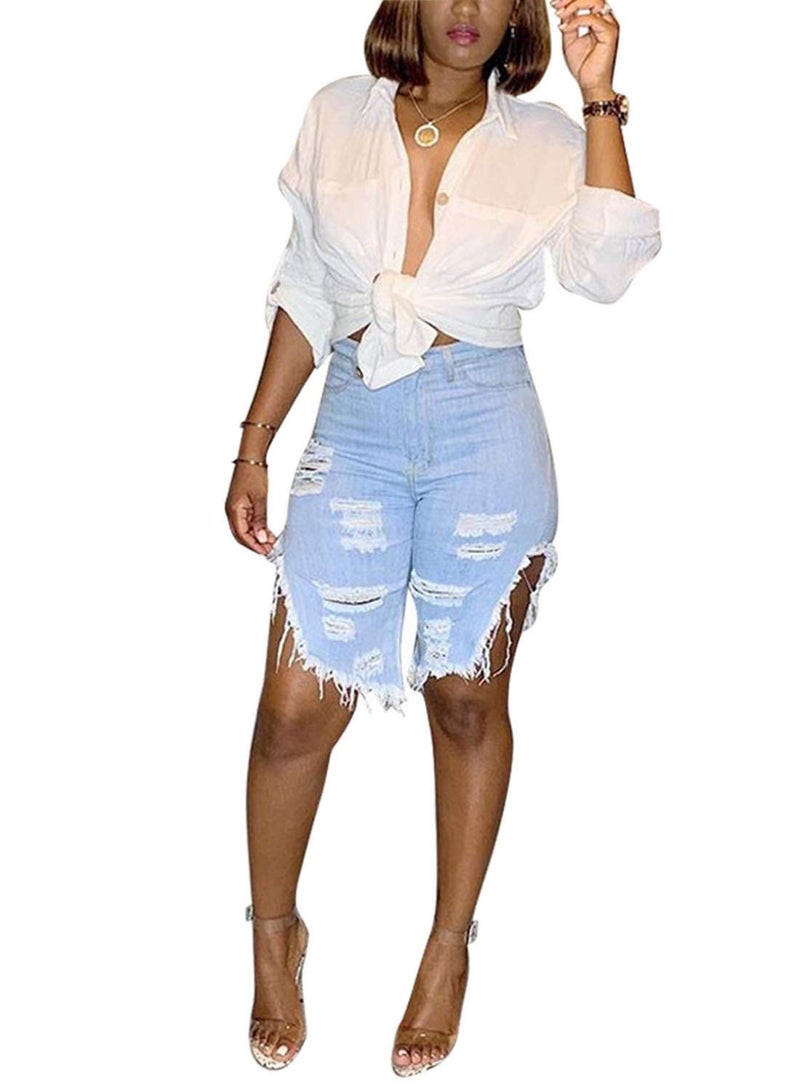 SIAEAMRG High Waisted Jean Shorts for Women Teen Girls, Summer Ripped Destroyed Stretchy Frayed Raw Hem Denim Shorts (C-Light Blue, L) - Image 1