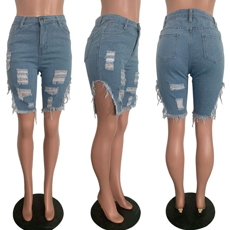SIAEAMRG High Waisted Jean Shorts for Women Teen Girls, Summer Ripped Destroyed Stretchy Frayed Raw Hem Denim Shorts (C-Light Blue, L) - Image 3