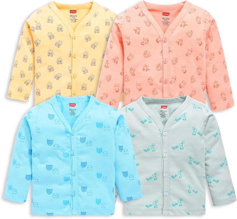 LuvLap Unisex Full Sleeve Jhabla Set - 4 Pieces, 100% Cotton, Multicolour for 3-6 Months - Image 1