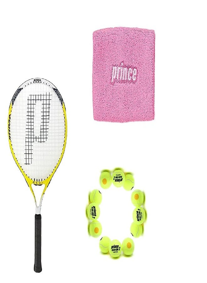 برنس مضرب تنس برينس ديوس 26 من الألومنيوم مع 12 كرة تنس برينس ستيج 2 برتقالية قياسية وسوار معصم وردي/أبيض - Image 1