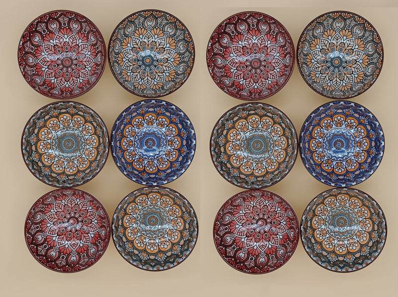 P Plus Fire Ceramic Cereal Bowls, Porcelain Bowls for Kitchen, Vibrant Colors Bowls Set for Salad Soup Ramen Bowl (Pack of 12) - Image 1