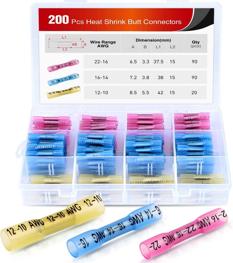 Nilight 200PCS Heat Shrink Butt Connectors – Waterproof Wire Connectors - Automotive Marine Grade Electrical Terminals – Crimp Butt Splice Terminal Kit - Image 1