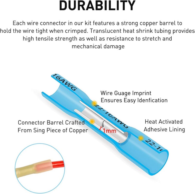 Nilight 200PCS Heat Shrink Butt Connectors – Waterproof Wire Connectors - Automotive Marine Grade Electrical Terminals – Crimp Butt Splice Terminal Kit - Image 3
