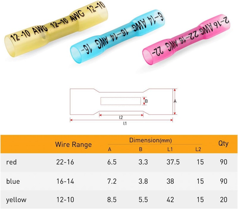 Nilight 200PCS Heat Shrink Butt Connectors – Waterproof Wire Connectors - Automotive Marine Grade Electrical Terminals – Crimp Butt Splice Terminal Kit - Image 2