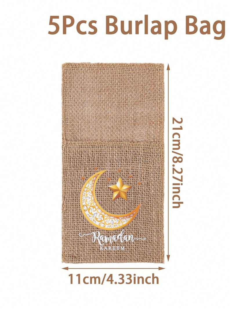 زينة رمضان حامل أدوات مائدة من الخيش طقم 5 قطع لتجهيز طاولة رمضان - Image 3